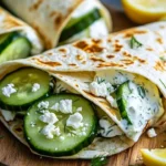 Crispy cucumber feta wraps served on a plate with fresh herbs