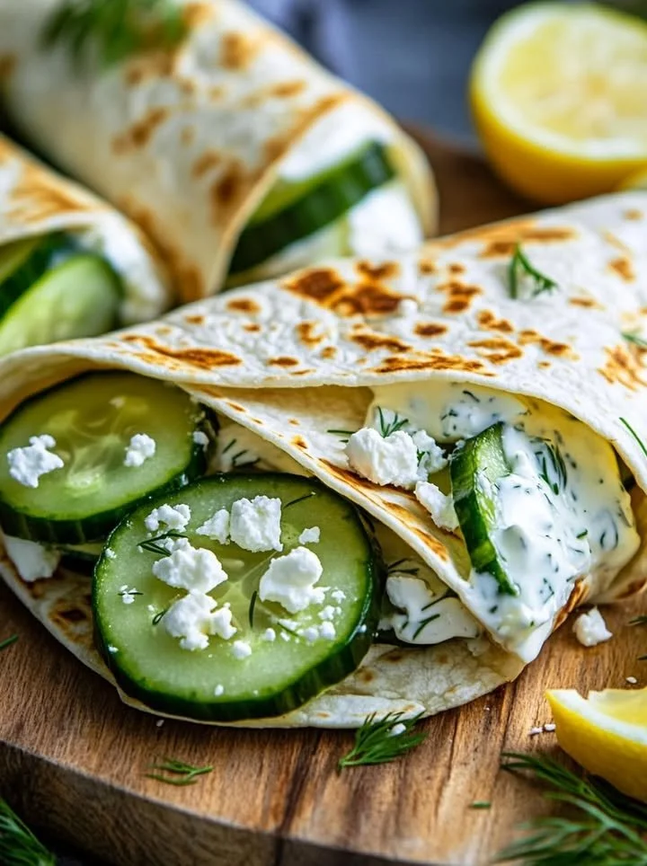 Crispy cucumber feta wraps served on a plate with fresh herbs