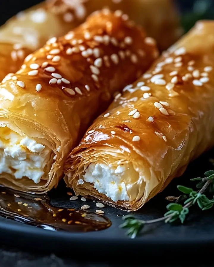 Crispy feta phyllo rolls drizzled with spicy honey on a plate