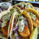 Crispy fish tacos served with cilantro lime slaw on a plate