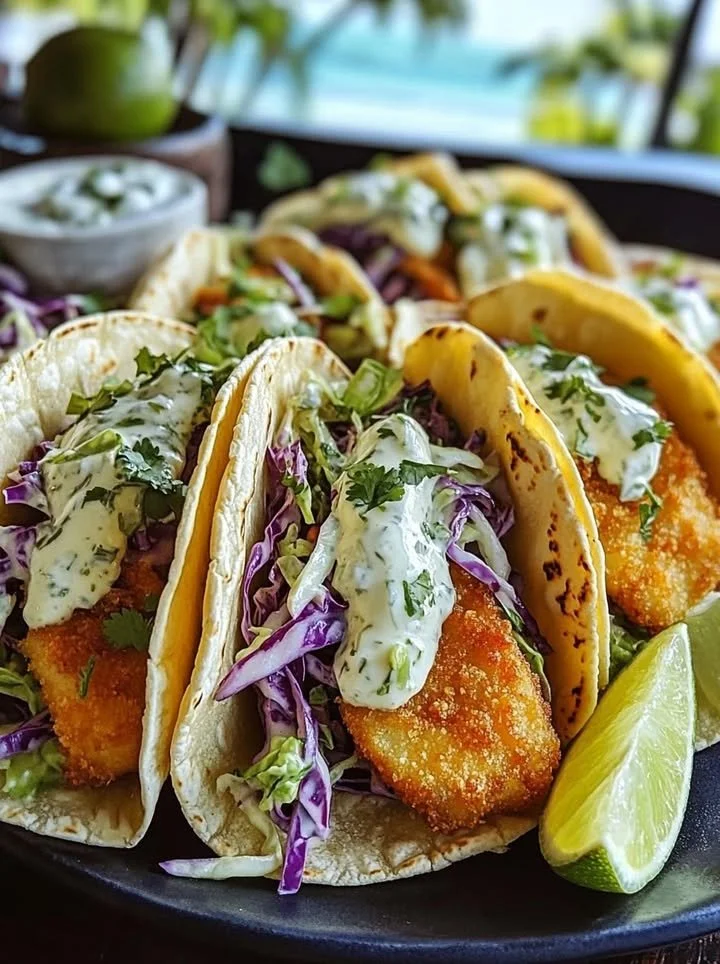Crispy fish tacos served with cilantro lime slaw on a plate