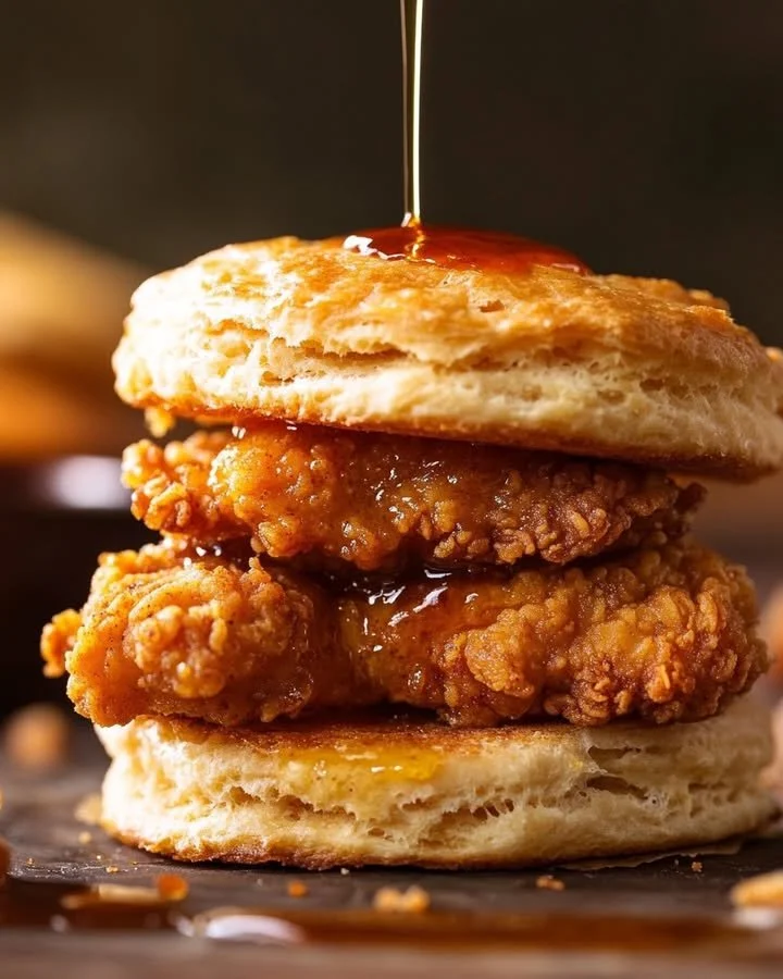 Crispy honey butter fried chicken biscuits served on a plate