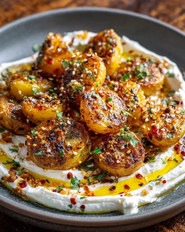 Crispy smashed potatoes with whipped feta and drizzled chili oil for a gourmet touch