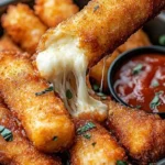 Crispy mozzarella sticks with marinara sauce and creamy dip