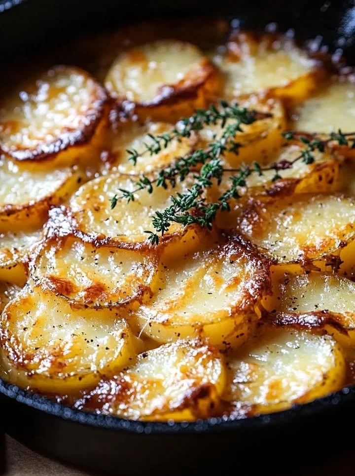 Delicious crispy Parmesan and Gruyere potato gratin ready to be served.