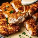 Crispy Parmesan chicken served with rich garlic sauce on a plate.