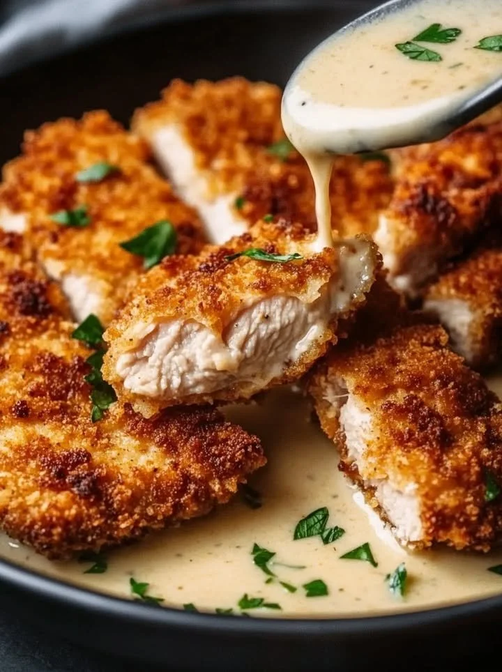 Crispy Parmesan chicken served with rich garlic sauce on a plate.