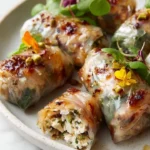 Crispy rice paper parcels filled with whipped feta and pistachio on a plate.