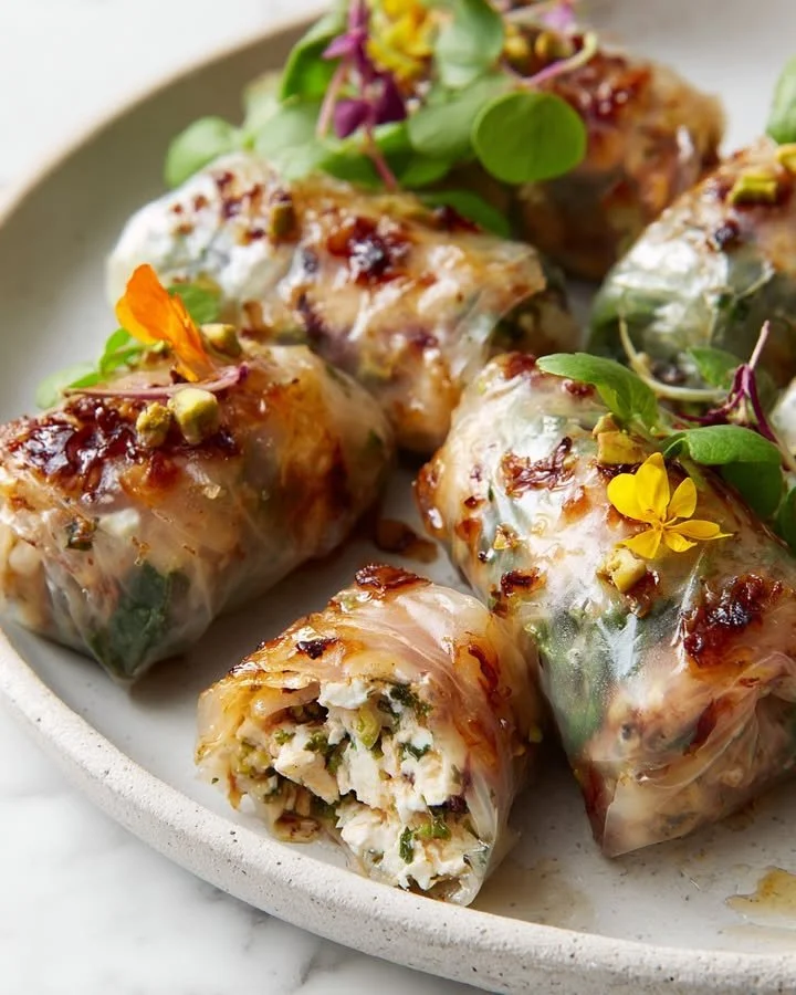 Crispy rice paper parcels filled with whipped feta and pistachio on a plate.