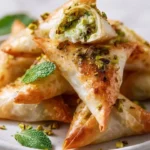 Crispy rice paper samosas with whipped pistachio-feta filling on a plate