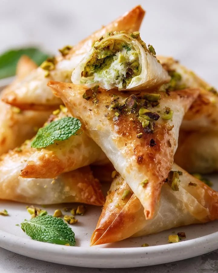 Crispy rice paper samosas with whipped pistachio-feta filling on a plate