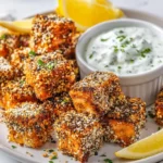 Crispy salmon cubes with everything crust served with an oniony dip