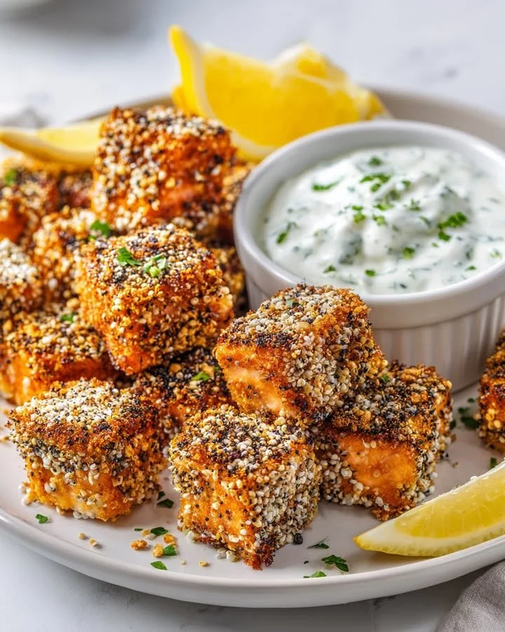 Crispy salmon cubes with everything crust served with an oniony dip