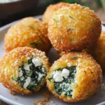 Crispy spinach feta cornmeal fritters on a plate garnished with herbs