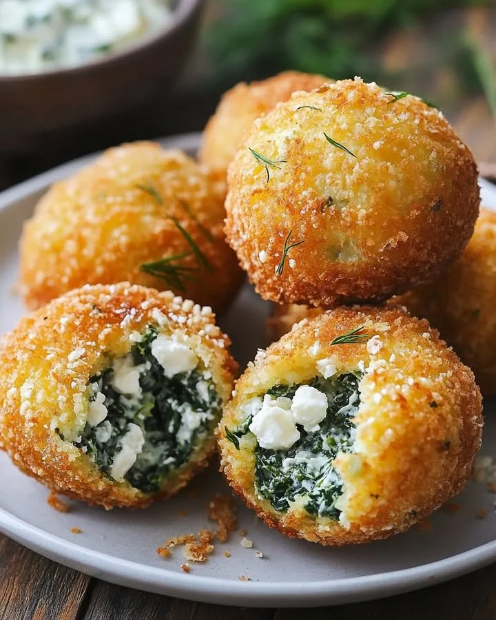 Crispy spinach feta cornmeal fritters on a plate garnished with herbs