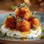 Crispy sweet potato balls garnished with whipped feta cheese and drizzled with honey.