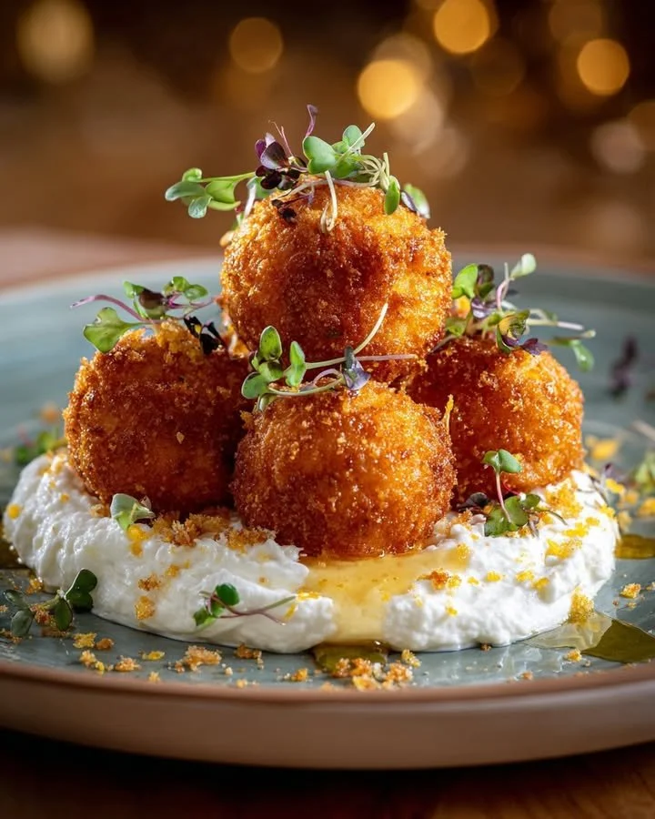 Crispy sweet potato balls garnished with whipped feta cheese and drizzled with honey.