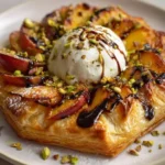 Crowned puff pastry wreath with burrata, grilled peaches, and pistachios garnished.