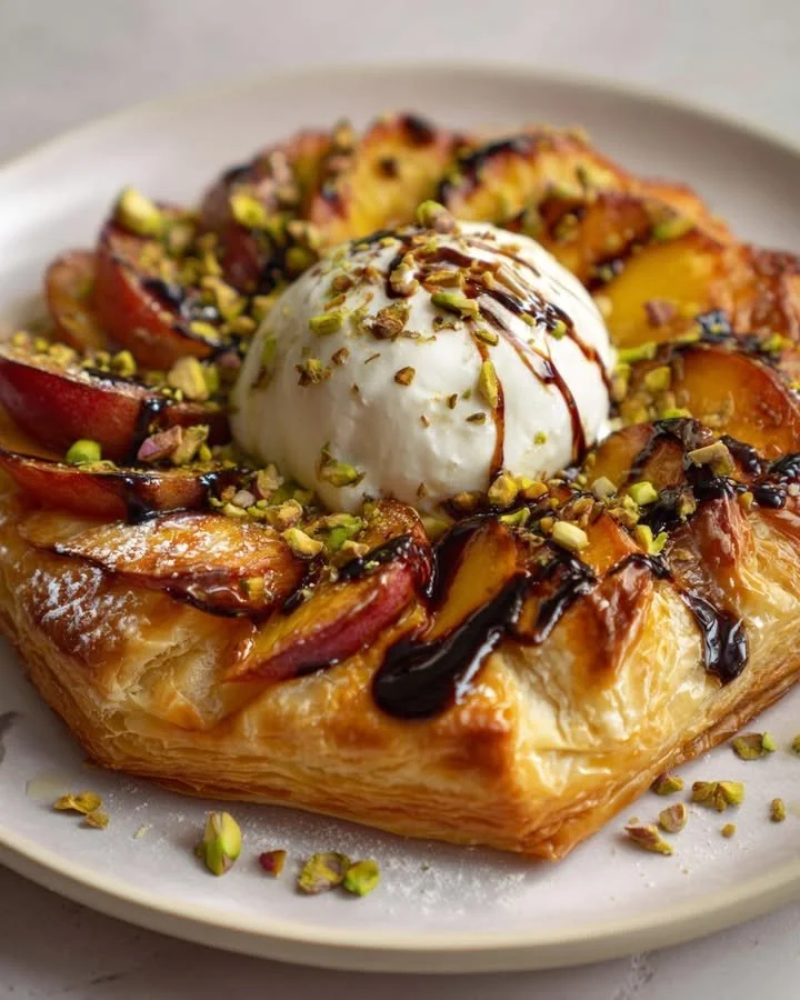 Crowned puff pastry wreath with burrata, grilled peaches, and pistachios garnished.