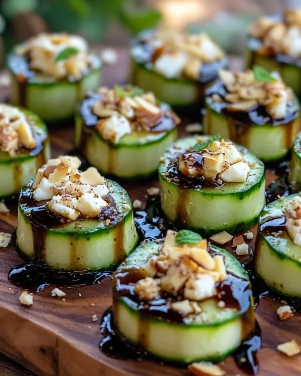 Cucumber Almond Feta Rolls drizzled with honey balsamic dressing.