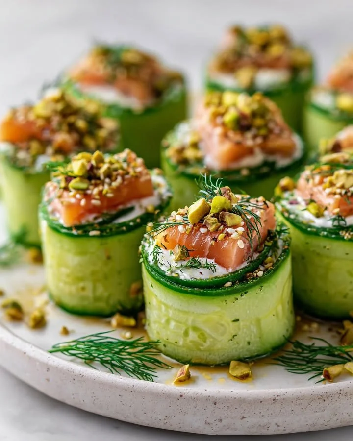 Cucumber Sushi Rolls filled with feta cheese and salmon crunch on a plate