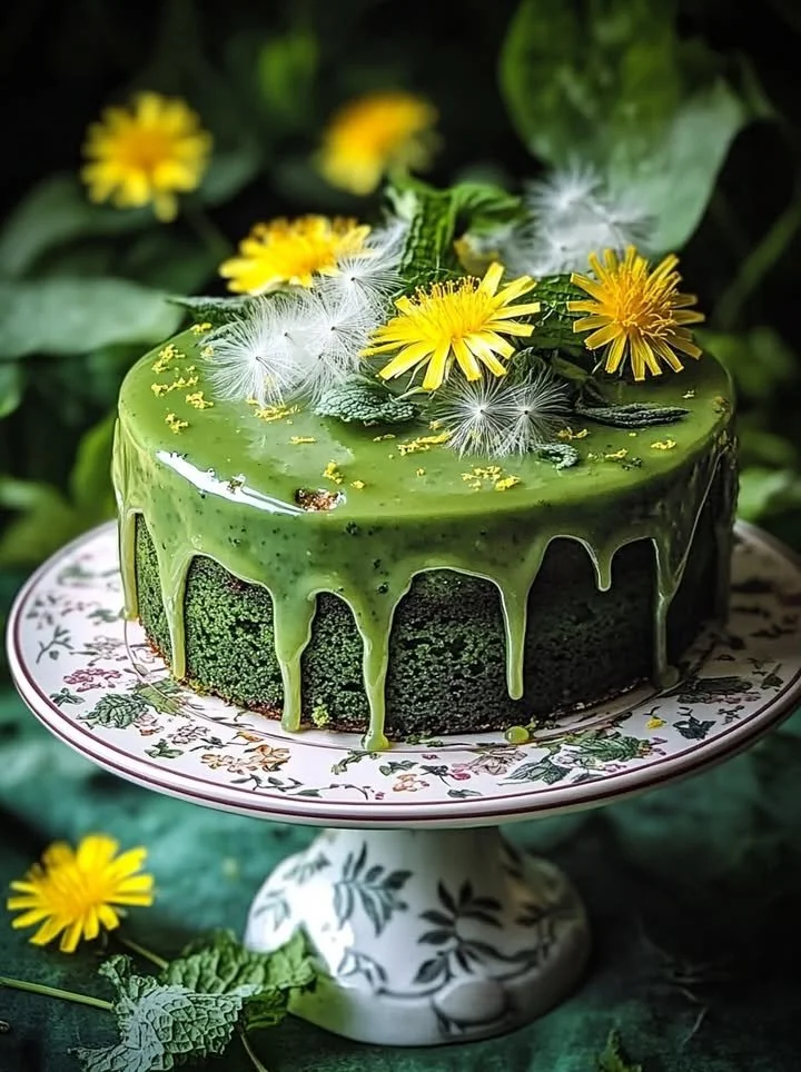 Slice of Dandelion and Nettle Cake topped with edible flowers