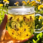 Cup of dandelion tea with fresh dandelion leaves on a wooden table