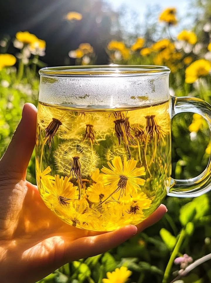 Cup of dandelion tea with fresh dandelion leaves on a wooden table