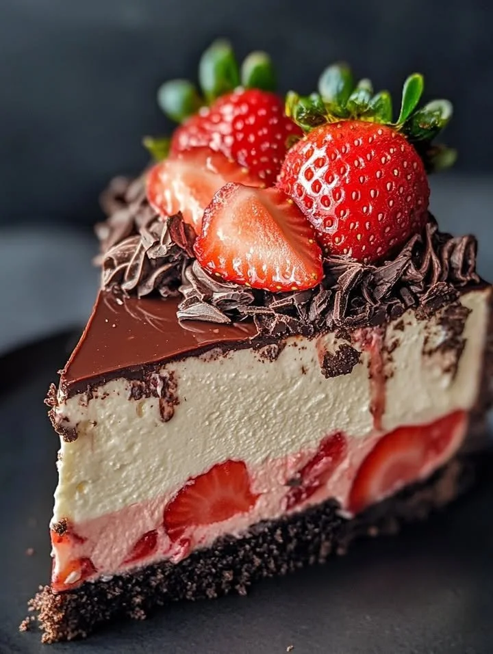 Delicious chocolate strawberry cheesecake topped with fresh strawberries