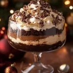 Decadent chocolate tiramisu trifle layered with rich chocolate and creamy mascarpone.
