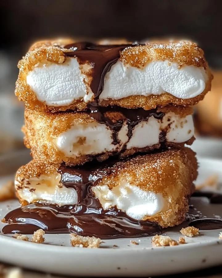 Delicious deep-fried s'mores dessert served with chocolate and marshmallows.