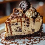 Slice of delicious Cookie Monster Cheesecake topped with cookie pieces.