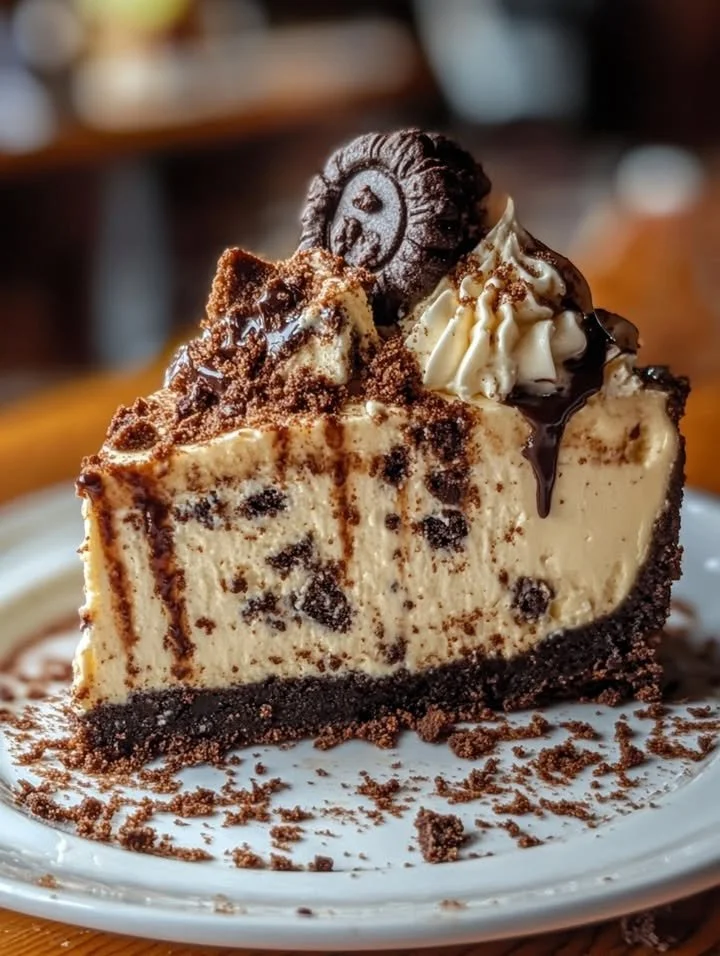 Slice of delicious Cookie Monster Cheesecake topped with cookie pieces.