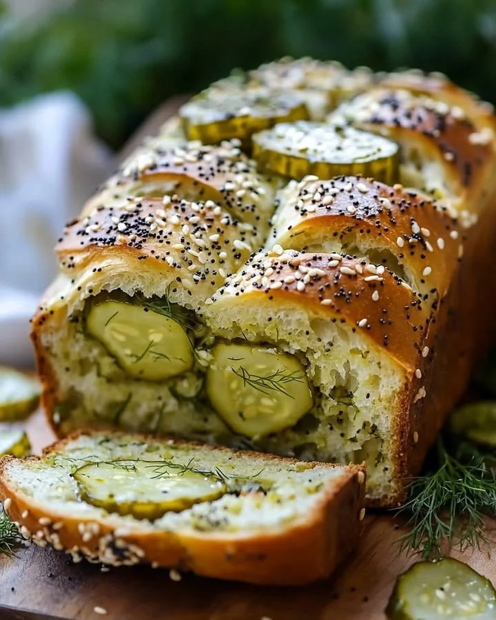 Slice of Dill Pickle Bread on a wooden cutting board