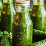 Bottle of dill pickle hot sauce with a background of fresh dill and pickles.
