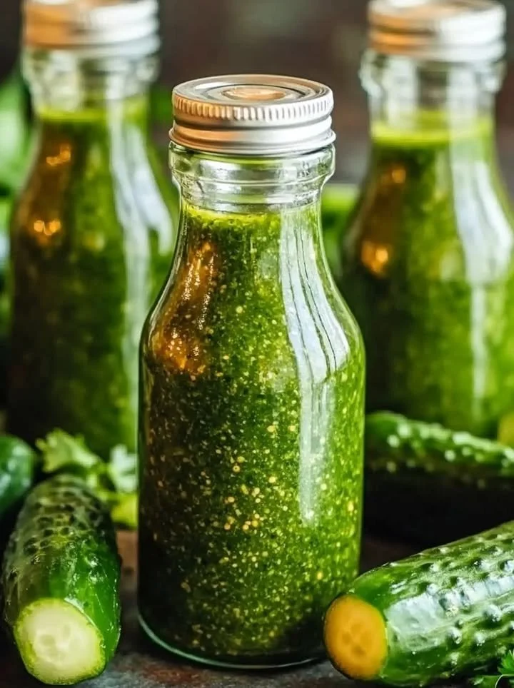 Bottle of dill pickle hot sauce with a background of fresh dill and pickles.