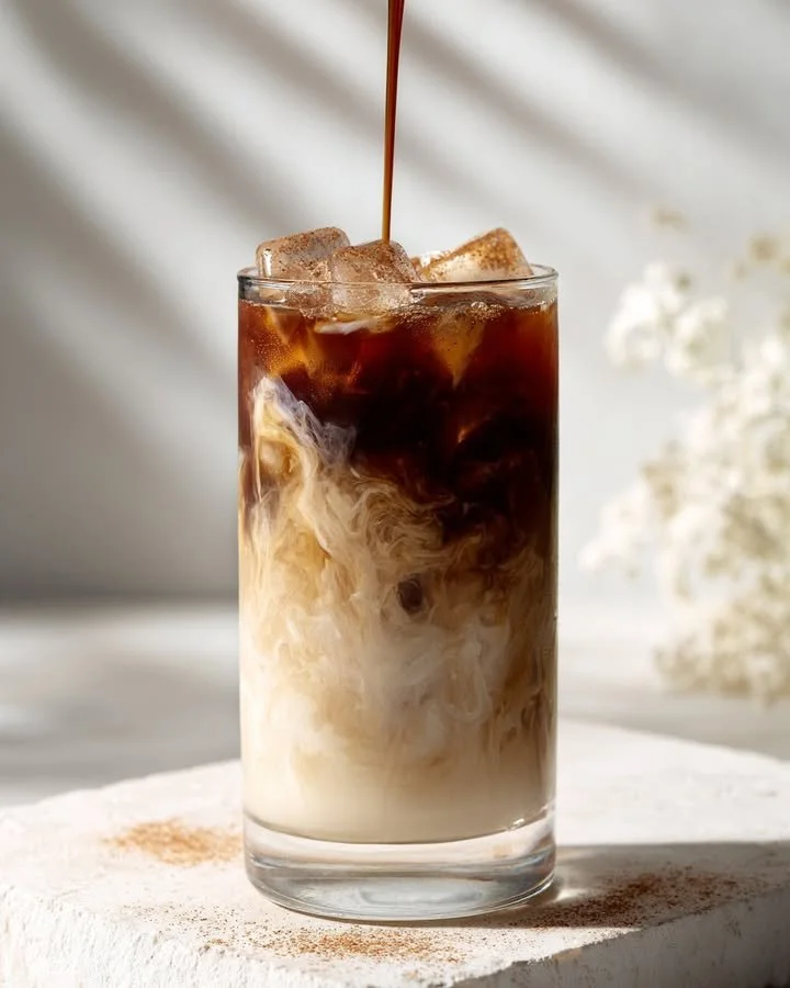 Dirty Horchata Latte topped with espresso swirl in a glass