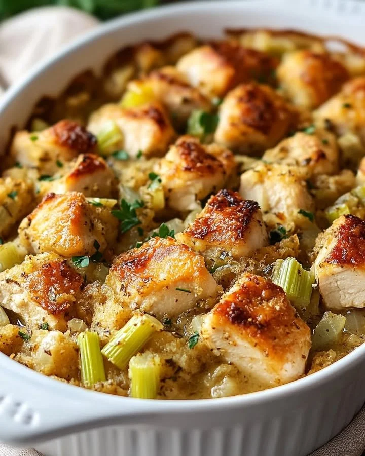 Dolly's Chicken and Stuffing Casserole, a hearty chicken casserole dish with stuffing