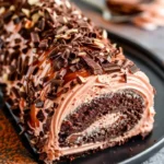 Double chocolate almond caramel cake roll for dessert lovers