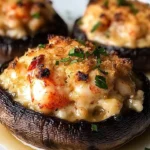 Lobster-stuffed portobello mushrooms garnished and served on a plate.