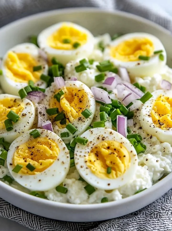 Egg salad with cottage cheese and herbs served in a bowl