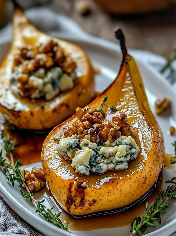Elegant blue cheese stuffed pears served on a plate as a gourmet appetizer