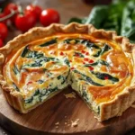 Slice of elegant ricotta spinach quiche on a plate, garnished with herbs.