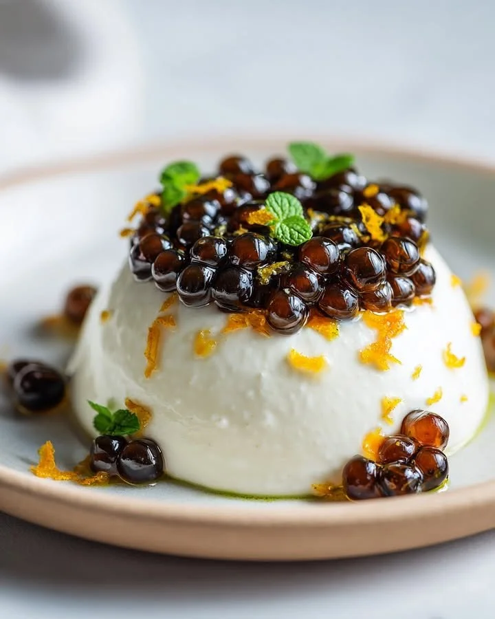Espresso Pearls served on whipped mascarpone with orange zest garnish