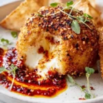 Everything-Crusted Burrata Bomb with Spicy Tomato Jam on a plate