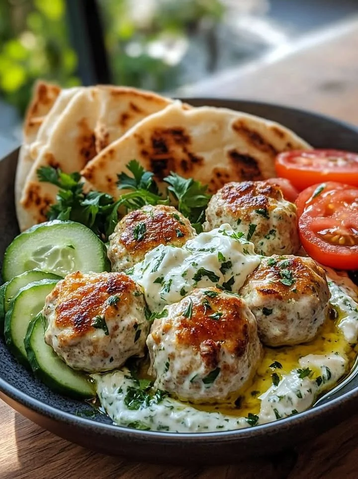 Feta-stuffed Greek chicken meatballs with roasted garlic tzatziki sauce on a plate