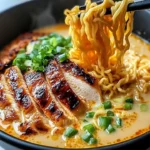 Bowl of fiery chicken ramen topped with creamy garlic sauce and fresh herbs