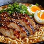Bowl of Fiery Chicken Ramen topped with creamy garlic sauce and fresh herbs.