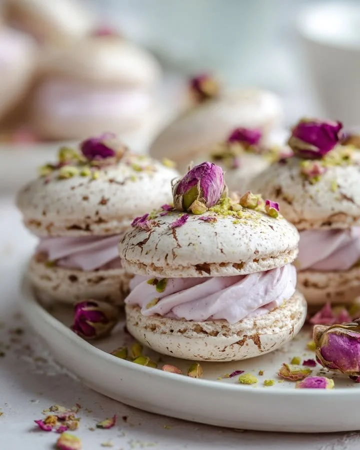 Floral pistachio meringue sandwiches with whipped rose cream on a plate.