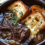 Bowl of French Onion Beef Short Rib Soup garnished with fresh herbs